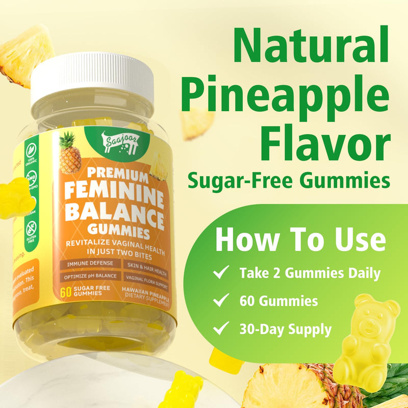 Premium Feminine Balance Gummies for Women's Immune Health, Hawaiian Pineapple Gummies Support pH Balance & Immune Support, Vegan, Gluten-Free, 60 Gummies ﻿ 1pack