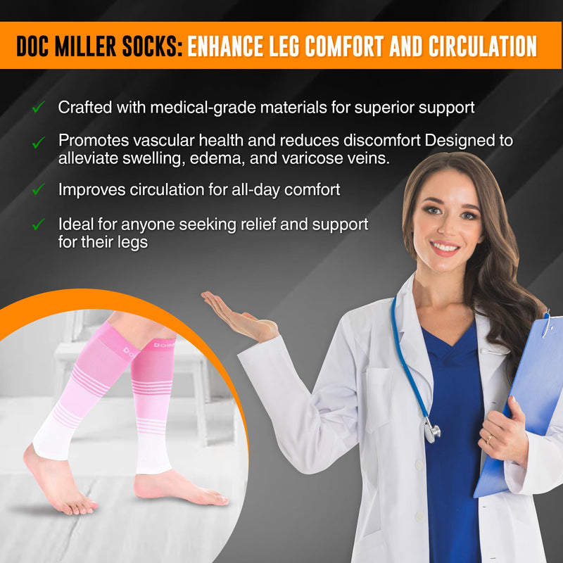 Doc Miller Calf Compression Sleeve for Men & Women – 20–30mmHg Support for Running, Shin Splints, Varicose Veins, Swelling & Leg Pain Relief – Footless Design for Nurses, Travel & All-Day Wear, 1 Pair Medium Pink.Pink.White - BeesActive Australia
