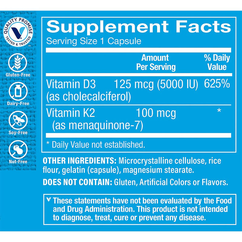The Vitamin Shoppe Vitamin D3 K2 5000 IU - Bone Density & Heart Health | D3 + K2 MK-7 | 120 Capsules | Synergistic Formula