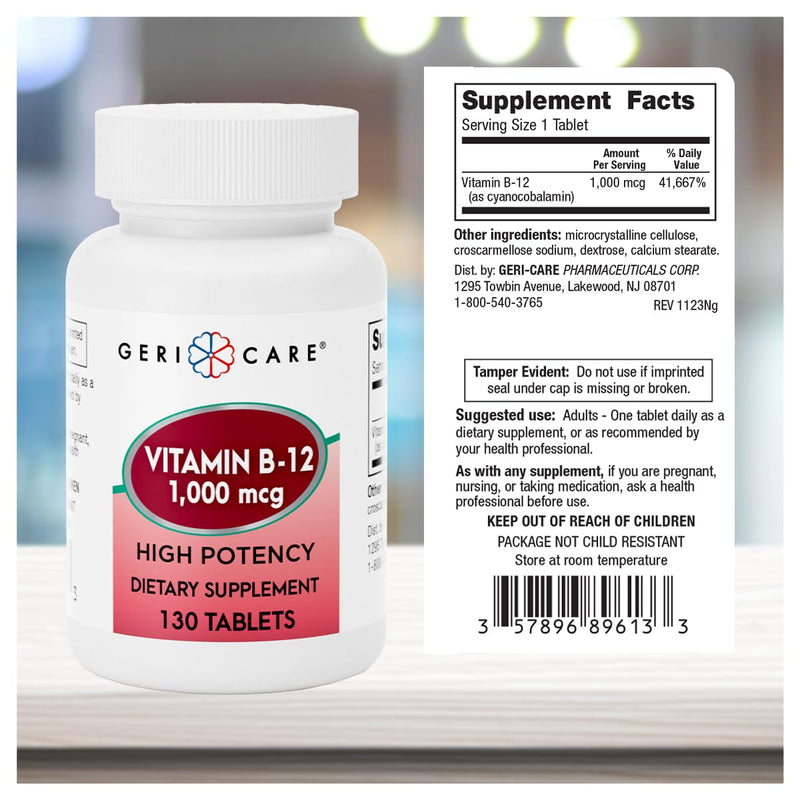 GeriCare Vitamin B-12 1000mcg High Potency Tablets, Premium Dietary Supplement for Boosting Energy, Supporting Brain Health, and Maintaining a Healthy Nervous System 130 Count (Pack of 1) 130 Count (Pack of 1)