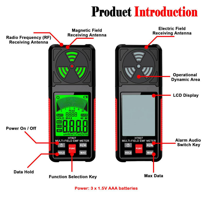 EMF Meter, 3-in-1 Portable Electromagnetic Field Radiation Detector Handheld EMF Tester for EF, RF, MF, WiFi Signal, Radio Frequency Detector Suitable for Home Office EMF Inspections Ghost Hunting - BeesActive Australia