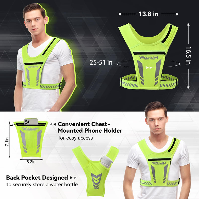 Reflective Vest Chest Phone Holder, Adjustable Hydration Training Workout Gear for Nighttime Running Biking Fluorescent green