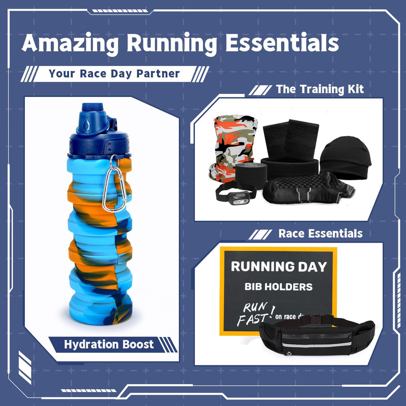 Running Gift Box - 13 Runner Essentials Kit with Running Belt Headlamp Kinesiology Tape Folding Water Cup & More, Marathon Training Night Running Outdoor, Fitness & Trail Running Gift for Men Women Black