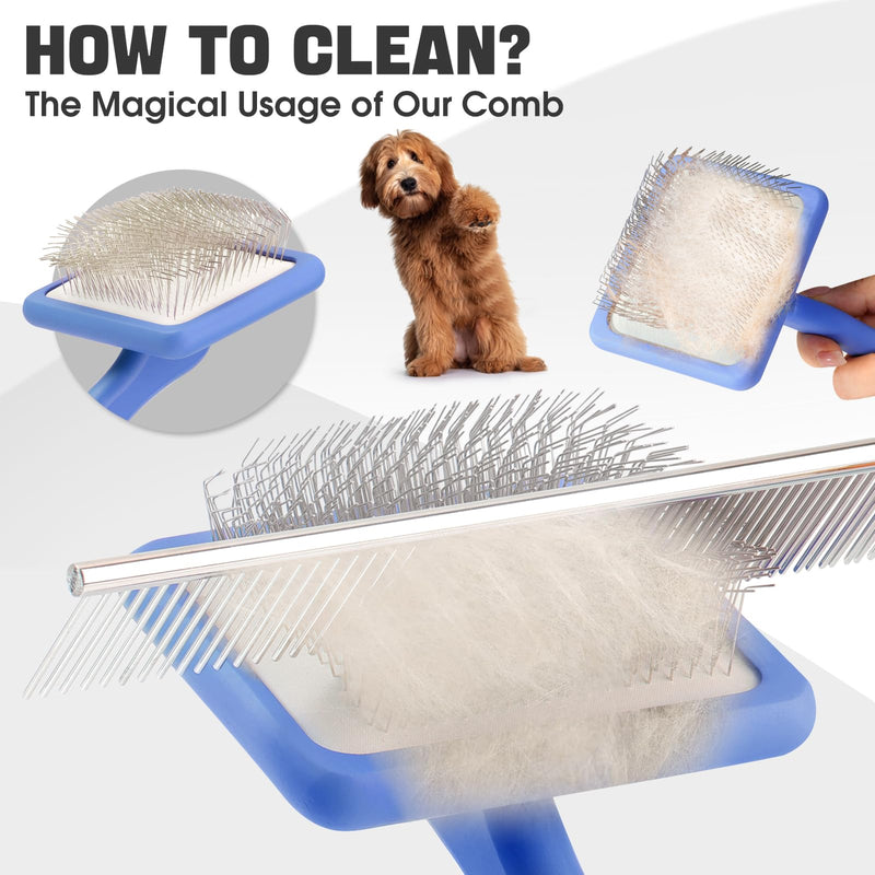 Dog slicker Brush for Dogs Grooming Kit 4PCS | Large Dog Brush for Goldendoodles Poodles Doodles | Long Pin Haired Brush | Dog Bath Brushes Flea Comb(Blue) Blue - BeesActive Australia