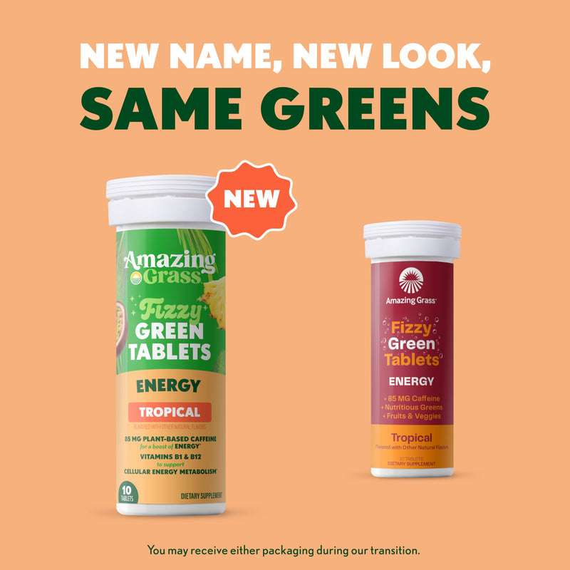 Amazing Grass Fizzy Green Energy Tablets, Caffeinated, Tropical, 60 Count | Effervescent Greens Tablet with 85mg Plant-Based Caffeine, 1 Serving of Fruits & Veggies, Vitamins B1 & B12 Energizing Tropical 10 Count (Pack of 6)