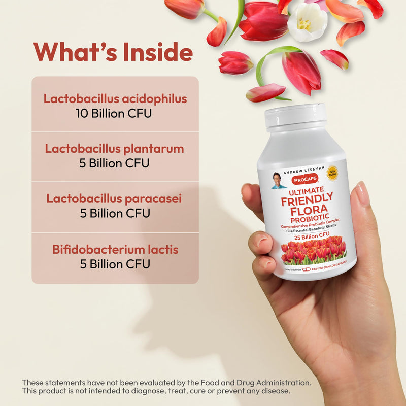 Andrew Lessman ProCaps Probiotic 25 Billion CFU 30 Capsules for Women & Men | Shelf-stable 25 Billion CFU. Four probiotic strains. No refrigeration required. Supports digestive & immune health. 30 Count (Pack of 1)