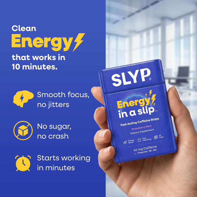 Slyp Caffeine Strips Energy Supplements – Strawberry Mint for Focus Factor with 40mg Caffeine, L-Theanine, Vitamin B6 & B12 Alternative to Sugar Free Gum, Energy Gel, Energy Pills – 30 Count
