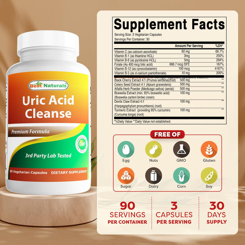 Best Naturals Uric Acid Cleanse Vitamins for Men and Women - 90 Veggie Capsules (90 Count (Pack of 1)) 90 Count (Pack of 1)