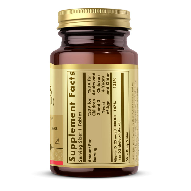 Solgar Vitamin D3 (Cholecalciferol) 25 mcg (1000 IU), Natural Strawberry Banana Swirl - 100 Chewable Tablets - Non-GMO, Kosher - 100 Servings