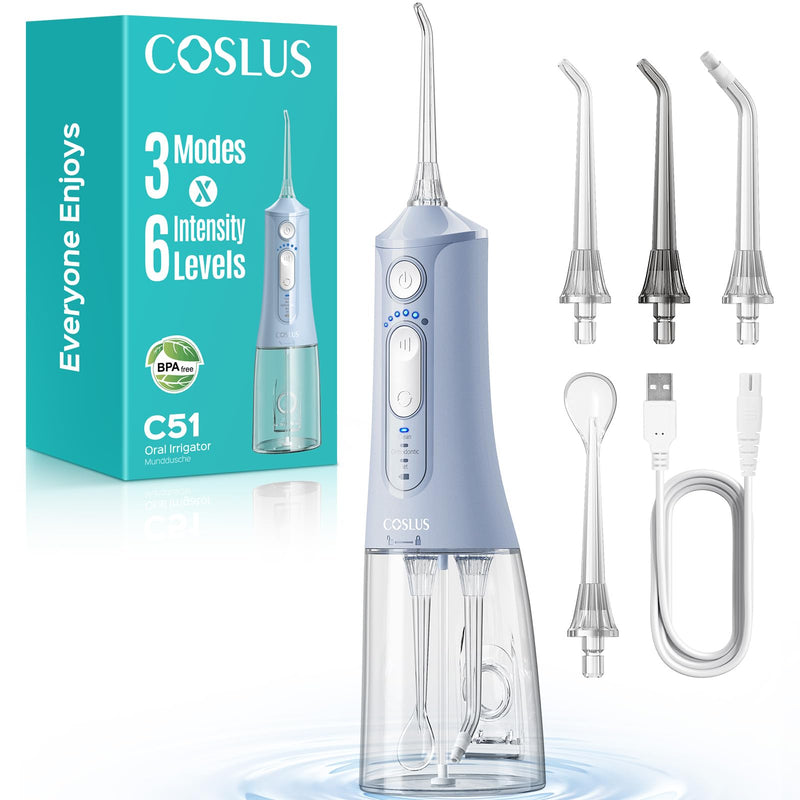 COSLUS C51 Portable Water Flosser for Teeth: 3 Modes & 6 Pressure Settings with Jet Mode Water Dental Pick for Orthodontic, Braces, Sensitive Gums, Compact for Travel, 300ML for Multiple Users, Blue