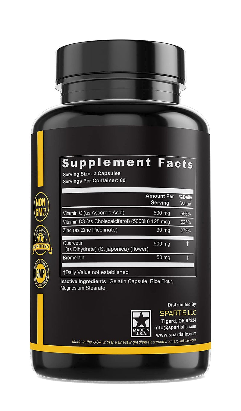 Zinc Quercetin 500mg with Vitamin C Vitamin D3 Bromelain Immune Support High Potency Quercetin Zinc Supplement ZQV by SPARTIS (Pack of 1 Bottle at 120-Caps) - BeesActive Australia