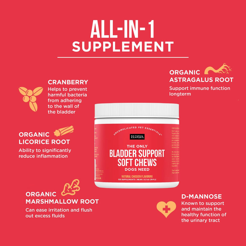 Natural Rapport Dog Bladder Support - The Only Bladder Support Chews Dogs Need - 120ct Supplements that Contain Cranberry and D- Mannose to Aid in Kidney Function Bladder Chew