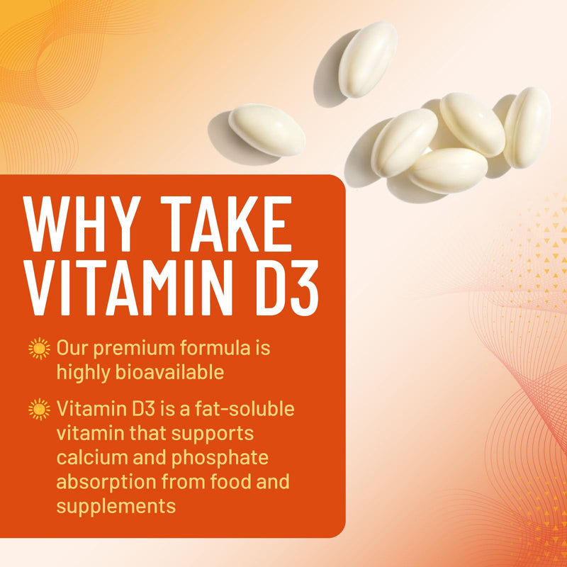 Vitamin D-3 5000 IU (125 mcg) Per Serving Softgels - Extra Strength Vitamins D Dietary Supplement for Bone, Teeth, Muscle Health & Immune Support, Rapid Absorbtion USA Bottled, Gluten Free - 60 Count 60 Count (Pack of 1)