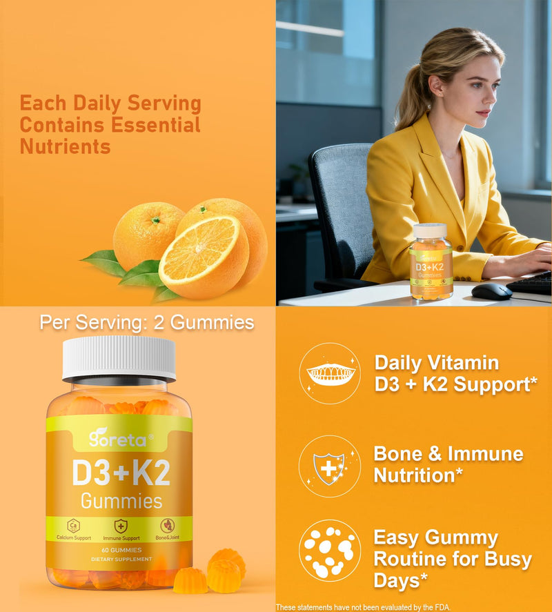 Vitamin D3 K2 Gummies 10,000 IU, MK-7, Calcium & Magnesium, 60 Count | Bone, muscle & immune support*; for adults; orange flavor; pectin-based; 2 gummies daily; 30-day supply