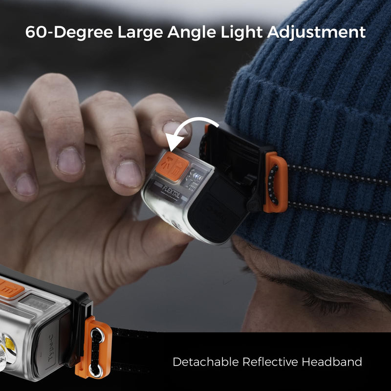 FLEXTAILGEAR 1-600 Lumen Ultra Bright Lightweight Headlamp, USB-C Rechargeable Outdoor Headlamp with White Red Light, Adjustable Headband for Camping, Back Packing, Hiking, Fishing Orange
