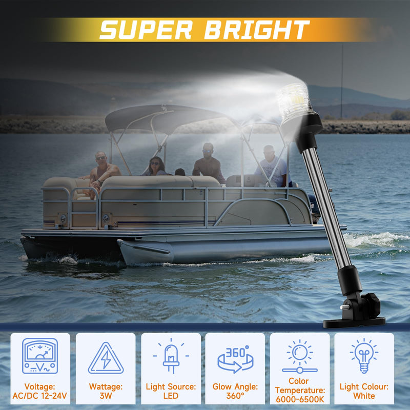 18 Inches Bimini Light for Pontoon Boat, Pontoon Navigation Lights Anchor Light Stern Lights for Bimini Top Mount Waterproof IP67, White Fold Down LED Marine Boat Rear Running Lighting 18 Inches