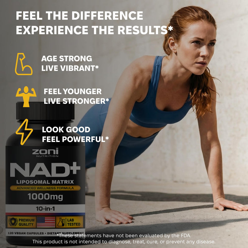 NAD Supplement Liposomal 1000mg with Trans-Resveratrol, Complete 10-in-1 NMN Alternative, Liposomal NAD Supplement for Cellular Energy, Healthy Aging, TMG, Apigenin, PQQ & B Vitamins Men, Women