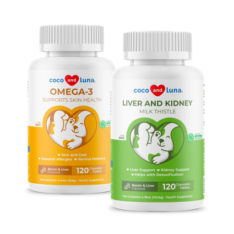 Milk Thistle + Omega 3 for Dogs Bundle - Liver and Kidney Support, Heart Health, Skin and Coat Support with EPA & DHA.