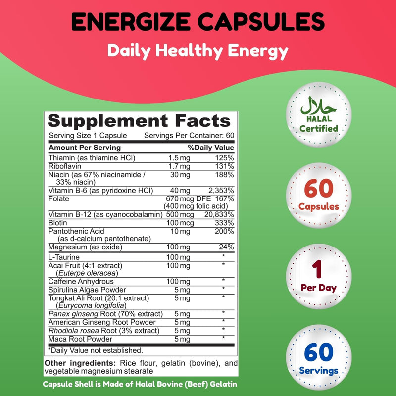 SHIFAA NUTRITION Energize, Natural Daily Energy Vitamins | Jitter-Free, 60 Servings | Supports Focus, Mood, Brain, Metabolism | w/Caffeine & Taurine, B1, B2, B5, B6, B7, B9, B12 Halal Vitamins