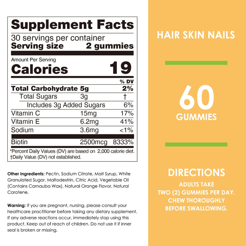Nature's Key Biotin Gummies with Vitamin C and E, Support Hair Nails Growth & Beautiful Skin for Women Men and Kids, Vegan, Orange Flavors 60 Count 60 Count (Pack of 1)
