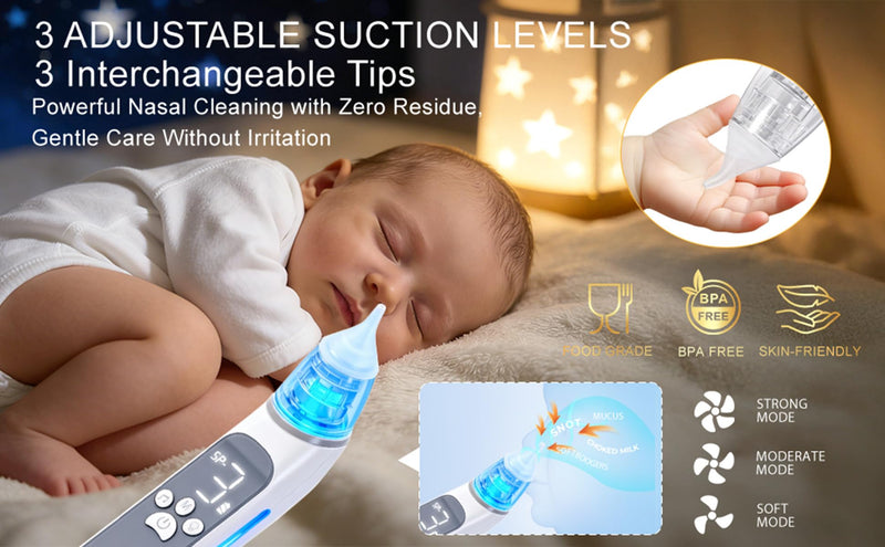 Electric Nasal Aspirator for Baby,POLEDY Waterproof Nose Sucker for Toddlers, Nose Cleaner with 3 Silicone Tips,3 Adjustable Suction Levels, Baby Booger Sucker with Music-Light Soothing Feature ﻿ - BeesActive Australia