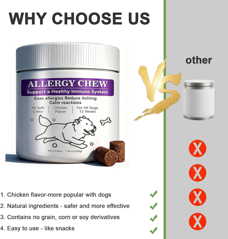 Dog Allergy Chews,Dogs Itching Skin Relief for Skin and Paw Licking, Dogs are Human Multivitamin Itch Relief for Seasonal Allergies-Support a Healthy lmmune System Chicken 90 ct.
