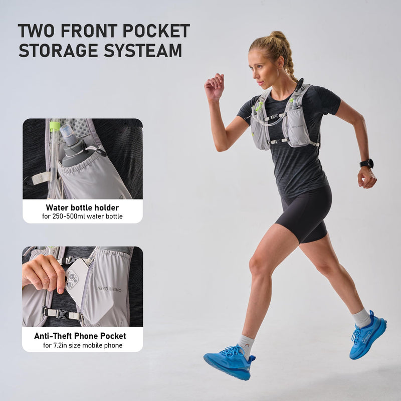 N NEVO RHINO Running Vest,Hydration Vest 5L with 1.5L Water Bladder,Lightweight Hydration Pack Water Backpack for Hiking Race Gray