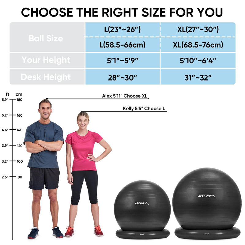 APEXUP Yoga Ball Chair, Exercise Ball Chair with Base for Office, Anti Slip Stability Ball Fitness Ball Seat, Home Gym Workout Ball, Balance Ball with Pump (Black, L) L (23"-26"/65cm) Black