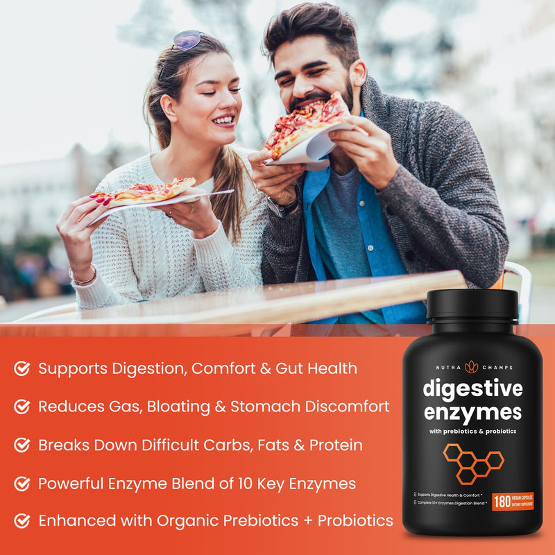 NutraChamps Digestive Enzymes with Probiotics and Prebiotics for Women & Men - 180 Vegan Capsules with Bromelain for Bloating & Optimal Gut Health 180 Count (Pack of 1)