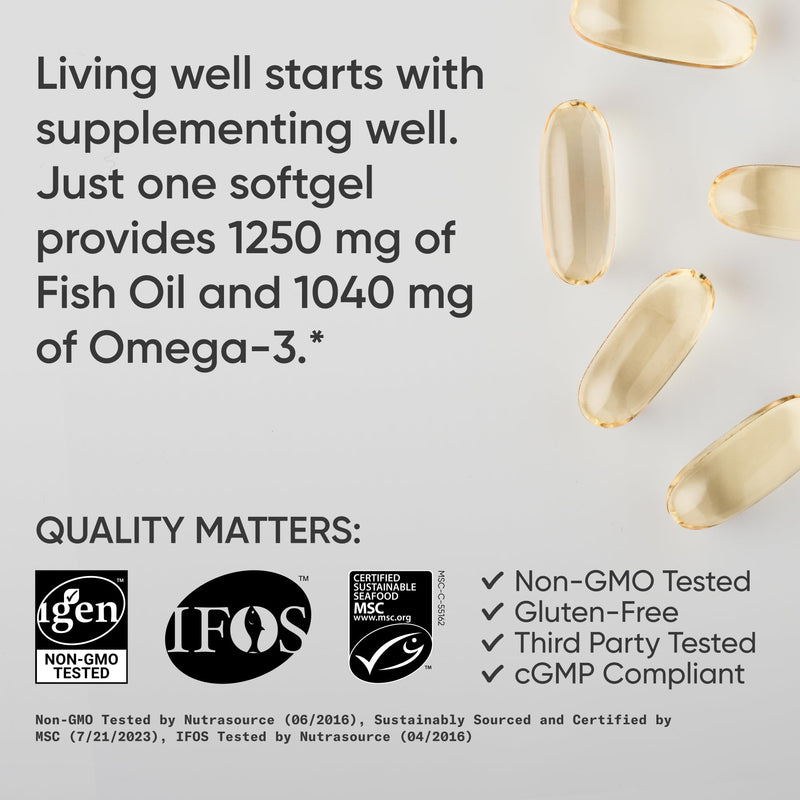 Sports Research® Omega-3 Fish Oil 1250mg from Wild Alaska Pollock,180 Count | Always Fresh Never Fishy | 690mg EPA 260mg DHA per Softgel · Heart & Brain Health* · MSC Certified Sustainable - 180 Servings 180 Count (Pack of 1) From Alaska