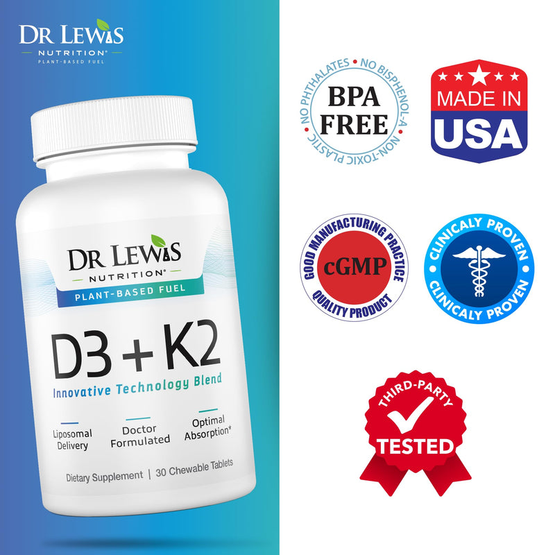 Liposomal Vitamins D3 + K2 Supplement Doctor Formulated Support for Heart, Brain, Bones, and Immune System Sourced from Plant Based Lichen and Natto - Gluten-Free, Non-GMO - 30 Chewable Vegan Tablets