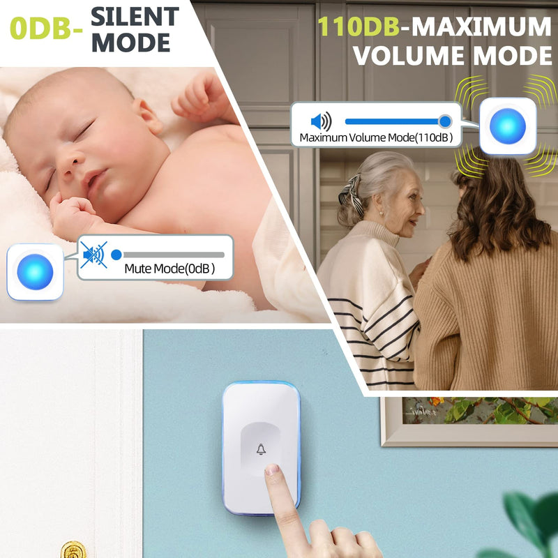 Wireless Doorbell with Flashing Light 1200Ft Door Bell for Dog Touch Bell Communication Doorbell with 1 Battery Waterproof Button & 1 Plug in Receiver white - BeesActive Australia