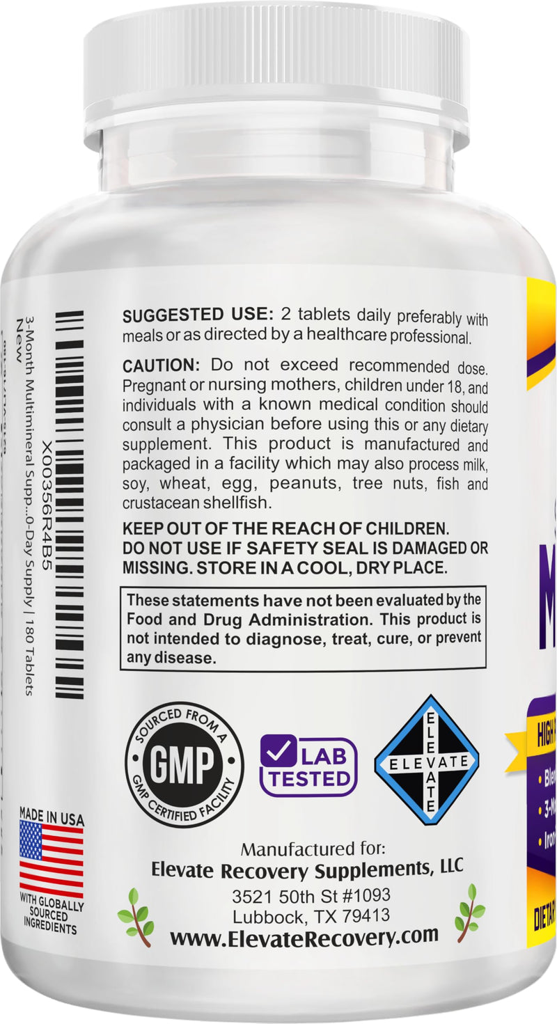 3-Month Multimineral Supplement Support Iron-Free Formula | Daily Multiminerals | Multi-Mineral Supplements | Minerals Complex | 90-Day Bulk Supply | 180 Tablets Unflavored 180 Count (Pack of 1)