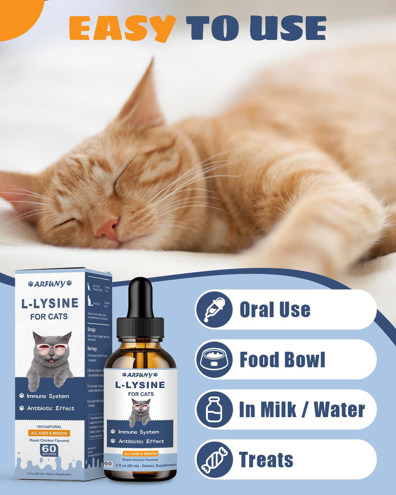 L-ysine Supplement for Cats - Immune Support - 60ML Lysine for Feline Respiratory, Sneezing, Runny Nose, Eye Function - Natural Cat Antibiotic Drops - Roast Chicken Flavor - PawsPlanet Australia