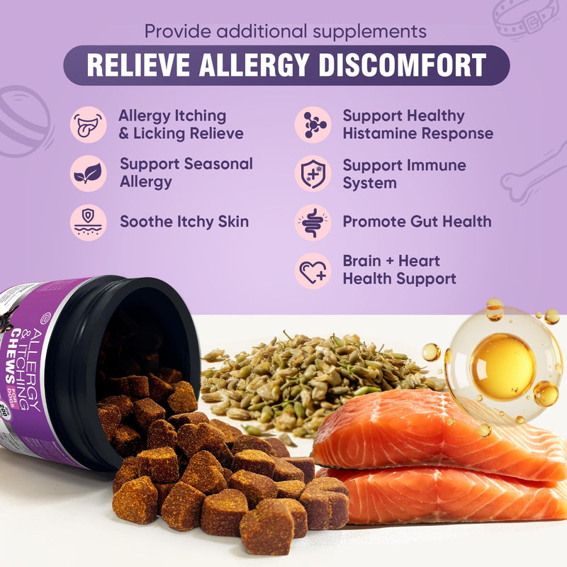 Dog Allergy Chews 200ct - Dog Allergy and Itching Skin Relief Anti Itch Aller Immune Bites for Dogs licking Paws Treatment Relief Itchy Chew Probiotics Vitamins for Skin and Coat Allergies - Chicken 2 g/capsule 200pcs