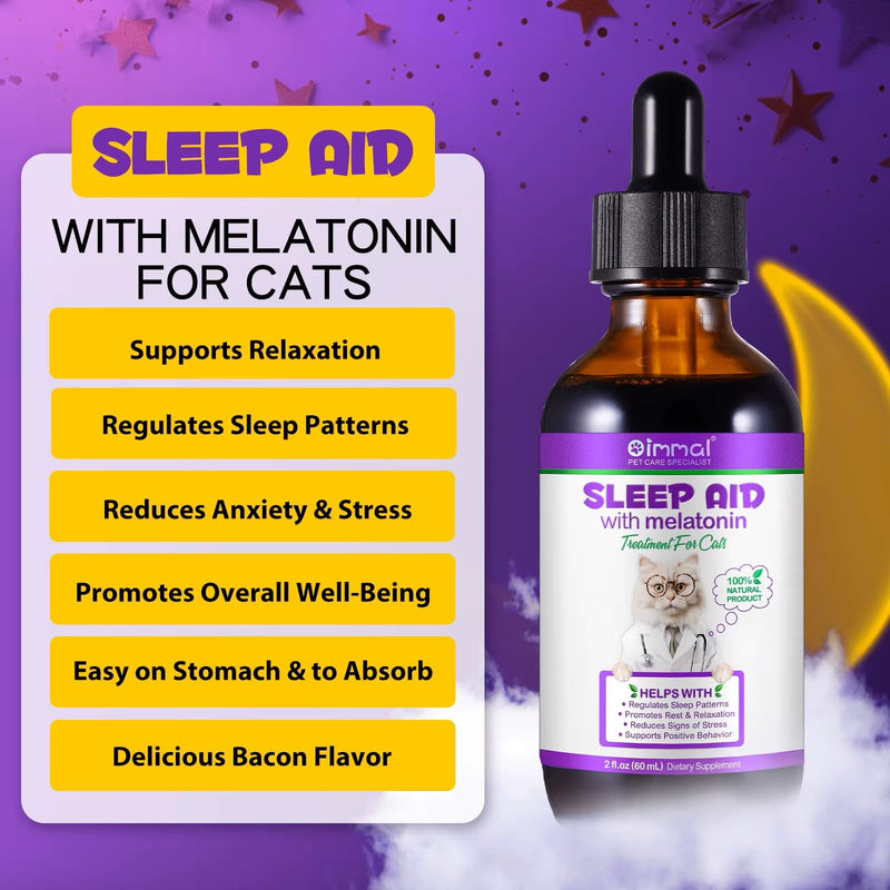 Cat Sleep Support & Calming Aid - Melatonin for Cats Liquid Drops – Nighttime Relaxation Formula for Travel, Vet & Grooming, Fast-Absorbing Liquid for Kittens & Adult Cats