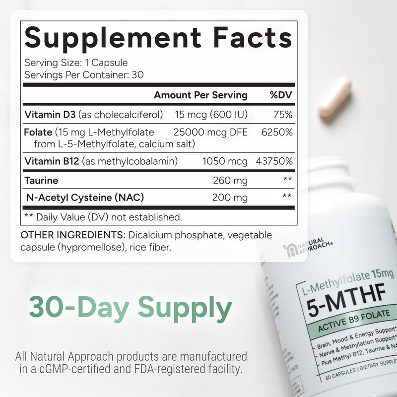 L-Methylfolate 15mg | 5-MTHF (Active B9) with Methyl B12, D3, NAC & Taurine | Premium Methylated Folate Supplement for Daily Use | Mood, Energy & Cognitive Support | 30 Capsules 30 Count (Pack of 1)