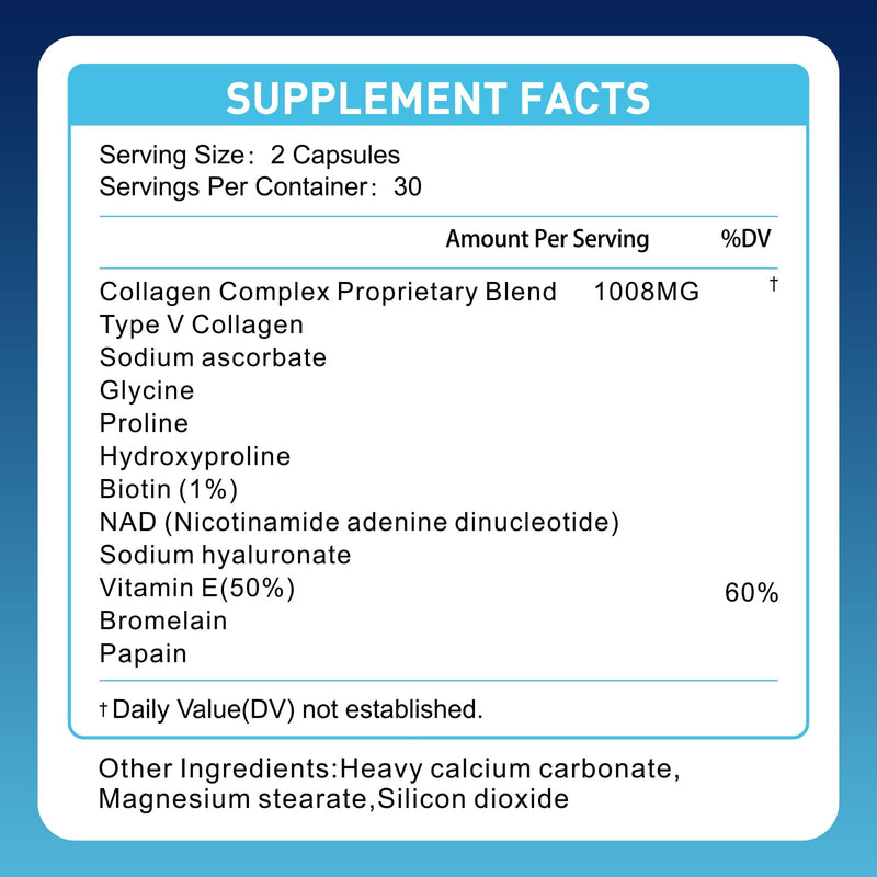 11 in 1 1008mg Collagen Complex Proprietary Blend with Type V Collagen, Biotin, Hyaluronic Acid - Multi Collagen Capsules for Women Men Supports Skin, Joints, Hair & Nails, 60 Capsules