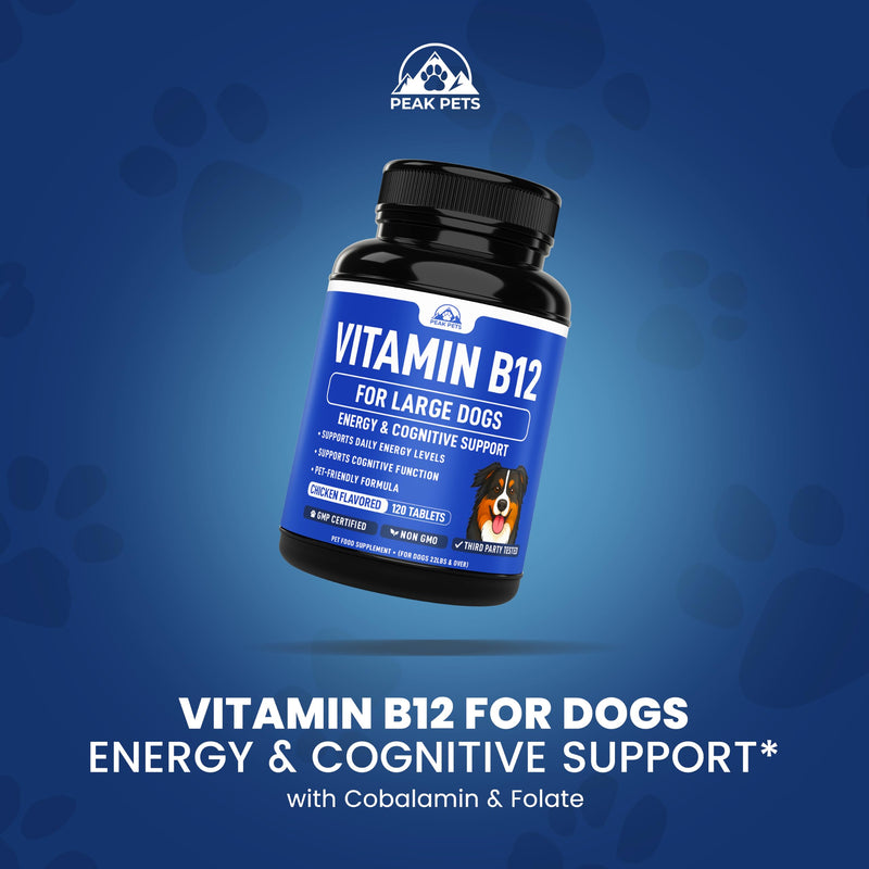 Vitamin B12 Supplement for Medium & Large Dogs with Cobalamin, Folate - Vitamin B12 for Dogs Tablet Energy & Cognitive Support - 120 Chicken Flavored Chewable Tablets -Third Party Tested, Non GMO Medium & Large Dogs (120 Count)