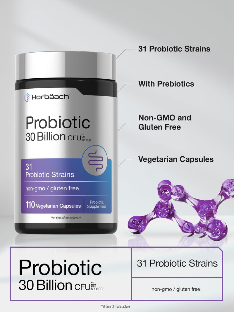 Horbäach Probiotic 30 Billion CFU | 31 Probiotic Strains | 110 Vegetarian Capsules | Supported by Organic Prebiotic Fiber | Non GMO, Gluten Free