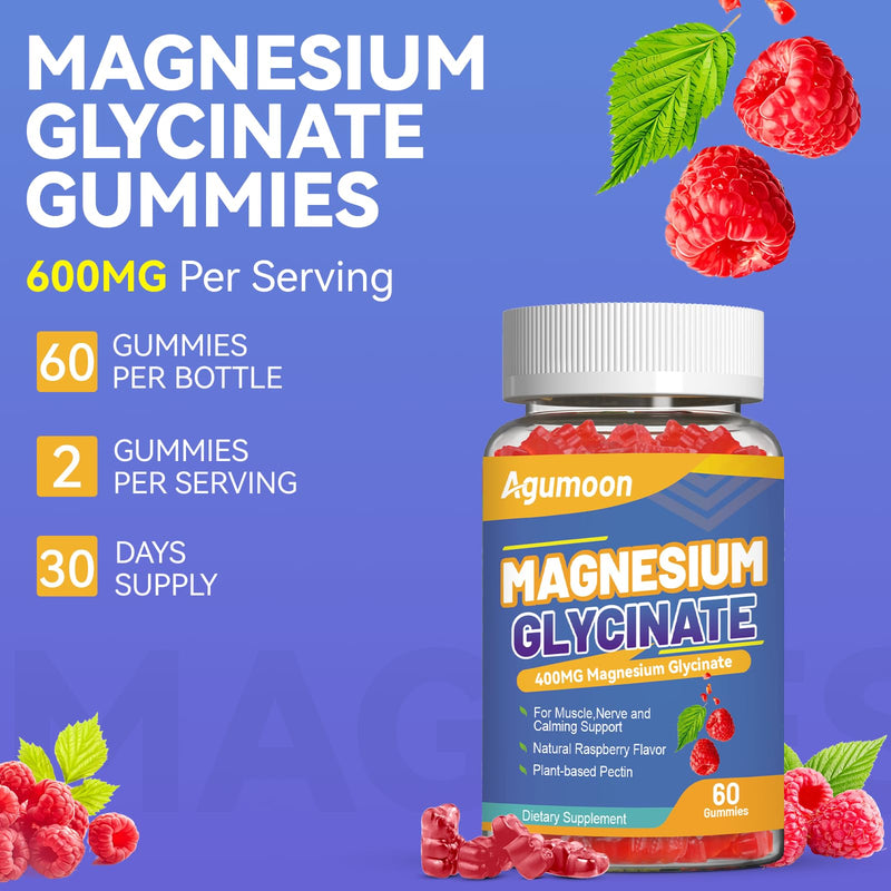 Magnesium Glycinate Gummies 400mg with L-Threonate 200mg, 60 Count | Calcium, Potassium, Vitamins D & B6, CoQ10 - High Absorption for Stress Relief & Muscle Relaxation,Non-GMO, Raspberry Flavor 60 Count (Pack of 1)