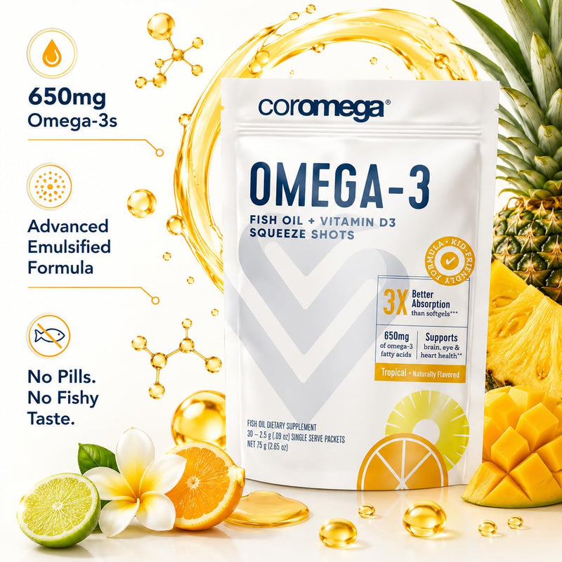 Coromega - Omega 3 Tropical Flavor - 30 Packets - 650mg | 3X Better Absorption Than Softgels, Tropical Flavor, Single-Serve Squeeze Shots, No Fishy Aftertaste, Easy To Enjoy 30 Count (Pack of 1)