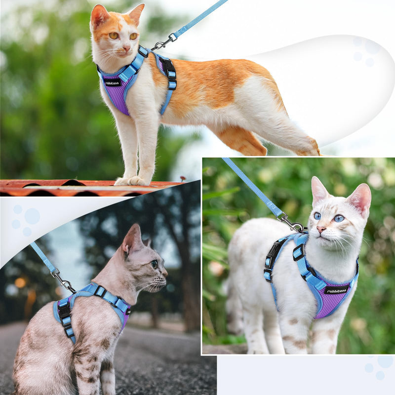 rabbitgoo Cat Harness and Leash Set, Escape Proof Soft Adjustable Vest Harnesses for Outdoor Walking, Easy Control Breathable Kitten Jacket with Reflective Strips, Purple & Blue, S Small - BeesActive Australia