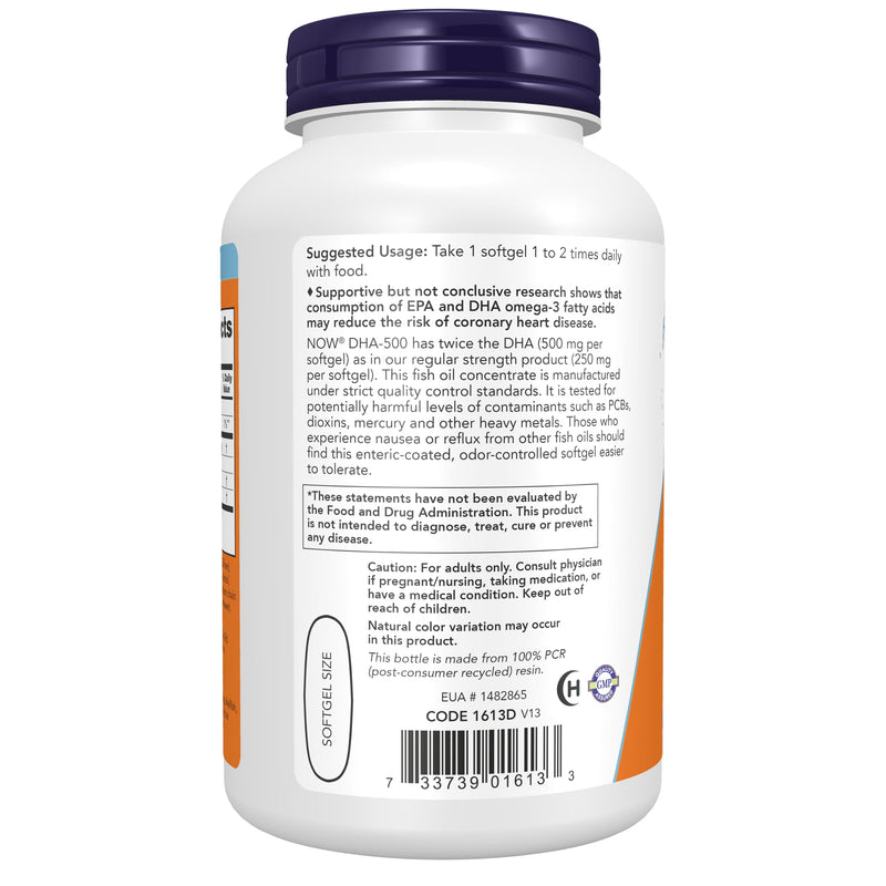 NOW Foods Supplements, DHA-500 with 250 EPA, Molecularly Distilled, Supports Brain Health*, 180 Softgels 180 Count (Pack of 1)