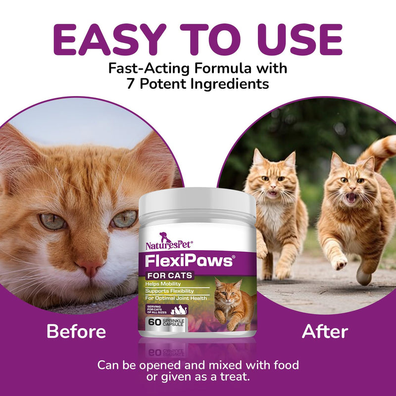 FLEXIPAWS –Joint Supplement for Adult Cats, with Glucosamine, Chondroitin, Green Lipped Mussel for Senior Cat Hip and Joint Care | 60 Sprinkle Capsules