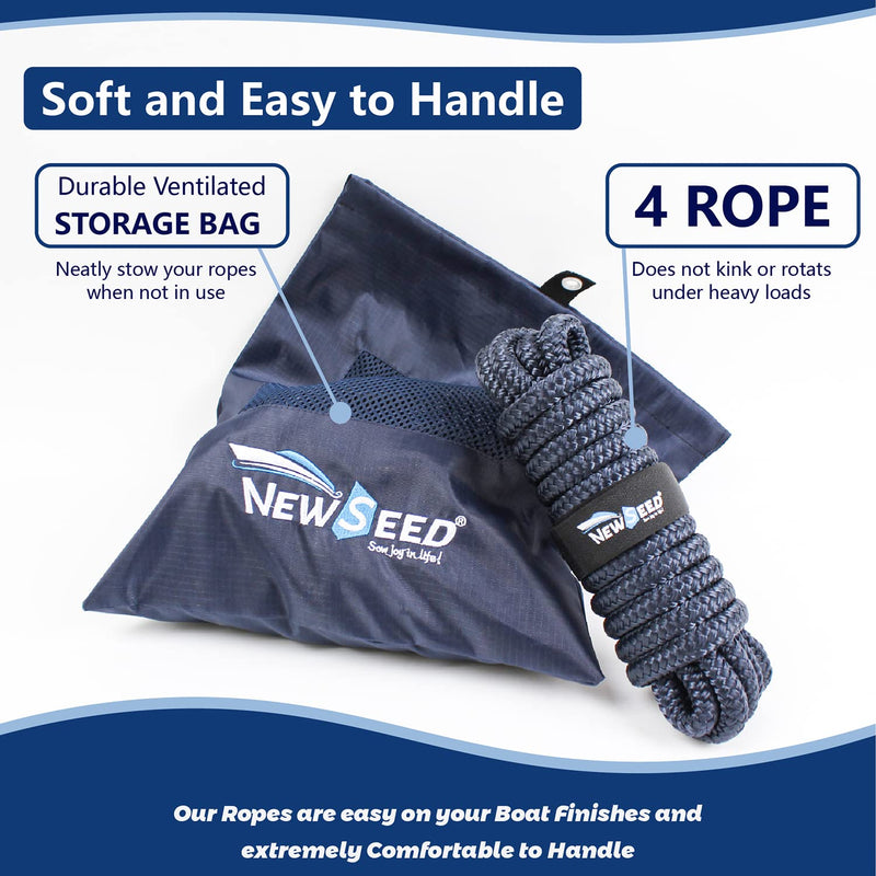 MALZE-NEWSEED 4 Pack 1/2" x 15' Dock Lines Double Braided Nylon Boat Rope with 12" Eyelets, Marine Grade Premium Mooring Lines for Docking Boat & Pontoon, Navy Blue 15'--1/2"