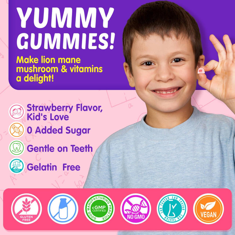 Kids Brain Gummies, Focus Supplement w/Lions Mane Mushroom, Brain Vitamins | Phosphatidylserine, B6, Methyl B12 & B9, Saffron for Focus & Attention, Cognitive, Vision, Energy, Sugar Free, Vegan, 60 Ct 60 Count (Pack of 1)