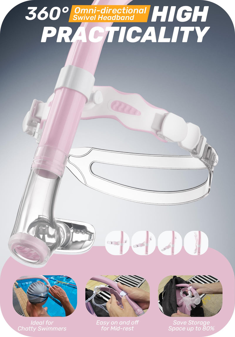 CAPAS Training Swim Snorkel for Lap Swimming, Swivel Headband Ultimate Fit Center-Mount Swimmers Snorkel with Liquid Silicone Mouthpiece Adjustable Strap, Designed for Adult Men Women Pink White - BeesActive Australia