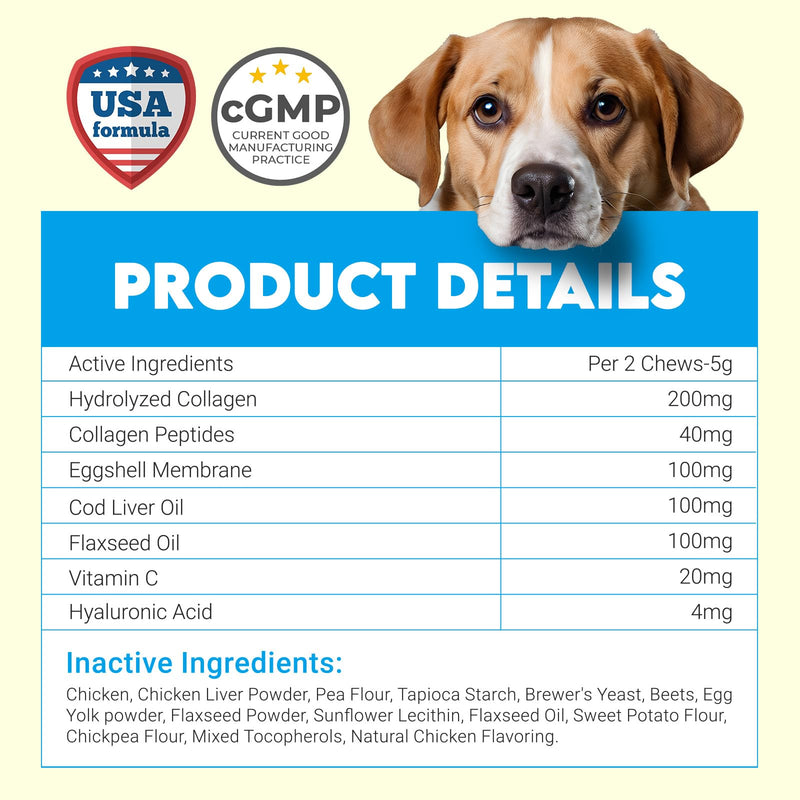 Collagen for Dogs with Glucosamine HCL Hip and Joint Chews for Dogs - Joint, Skin & Coat Support with MSM - Chicken - 150 pcs