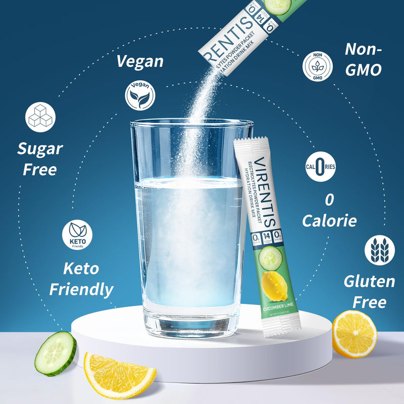 16 Sticks Electrolytes Powder Packets Sugar Free Hydration Packets Liquid Daily IV Electrolyte Drink Mix for Rehydration with 8 Electrolytes & 6 Vitamins, Low Sodium, Cucumber Lime